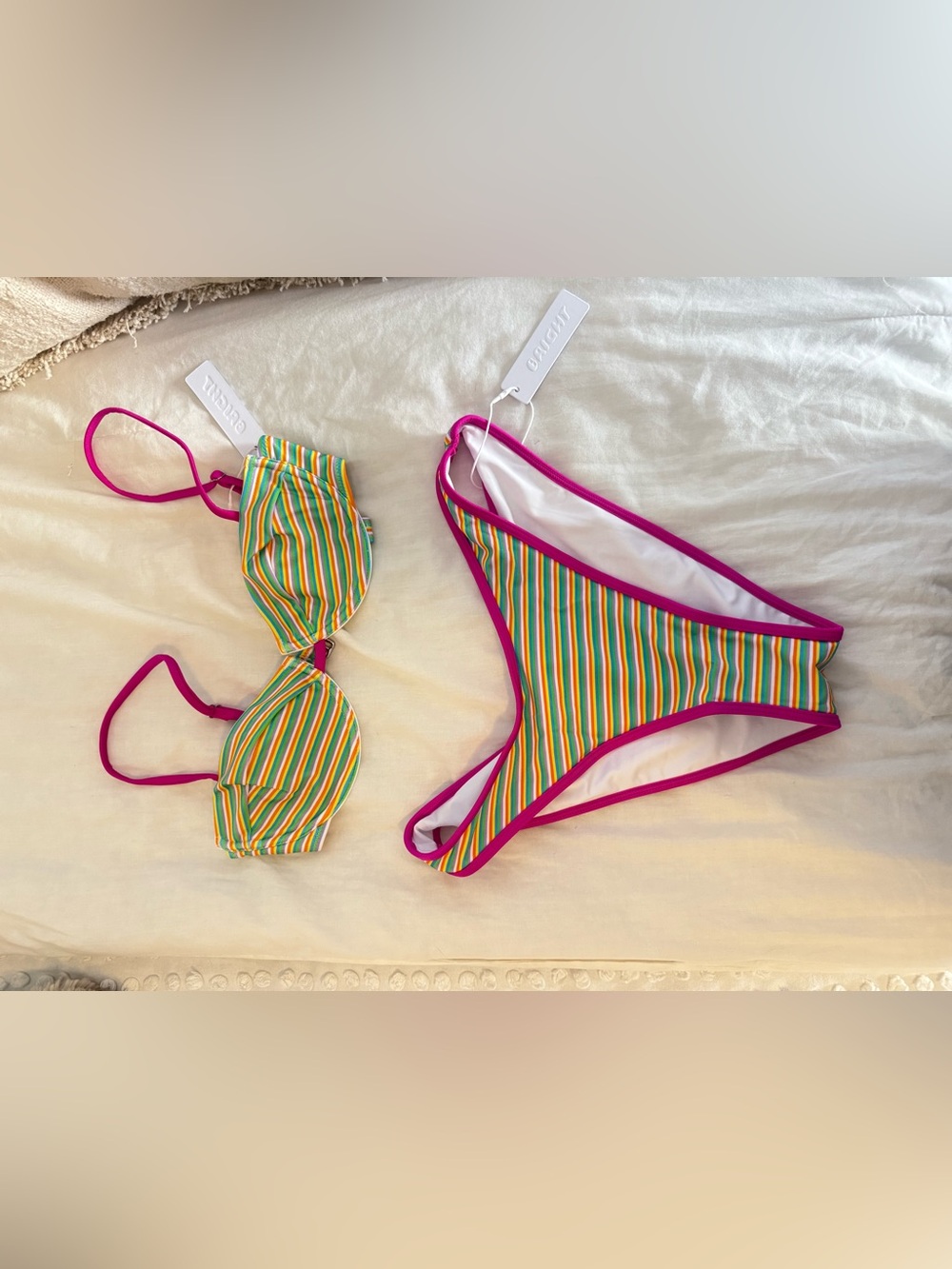 Striped Green & Pink Trim Bikini Set - Women's Two-Piece Swim